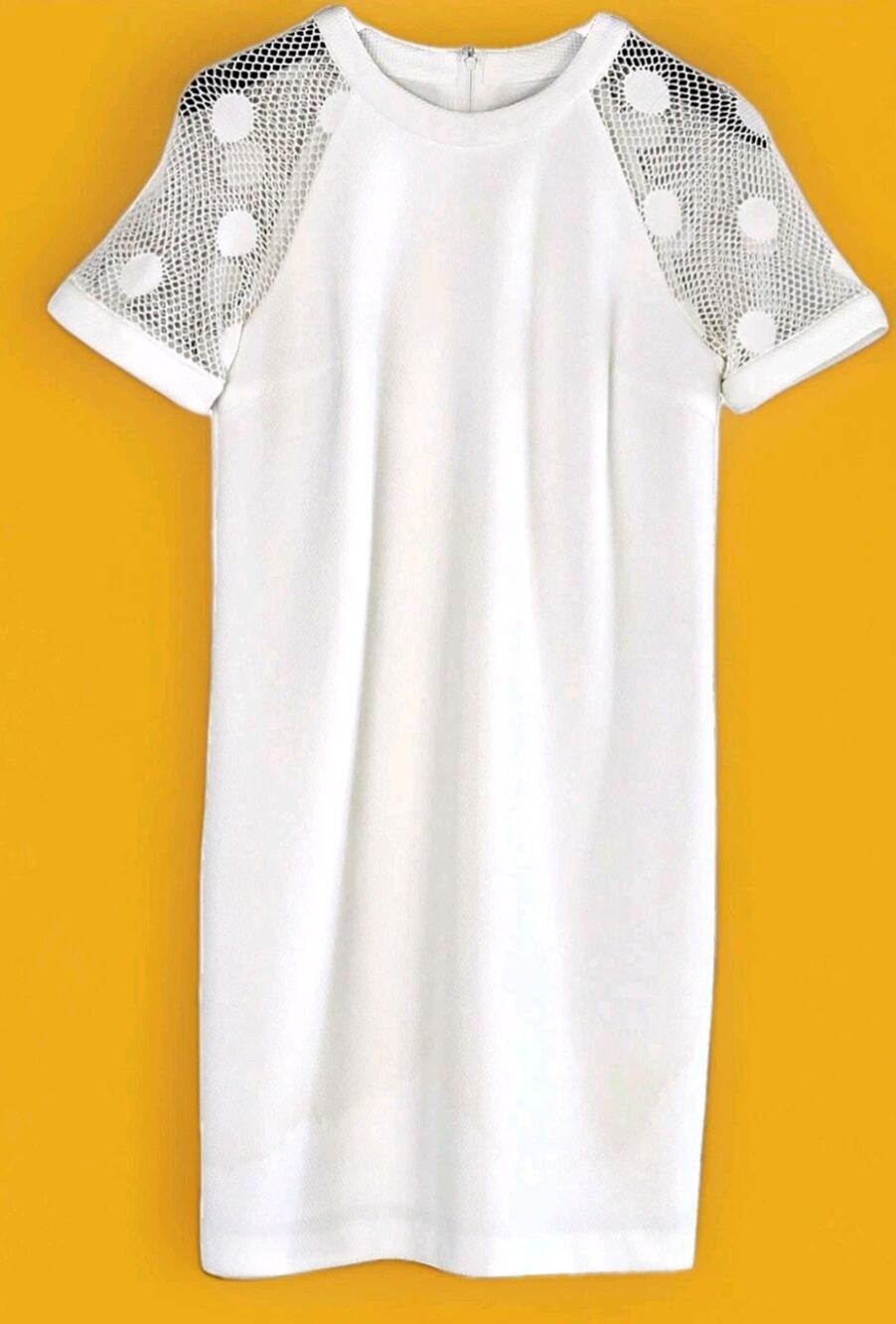 Belle Badgley Mischka Women's Dress Size 6 Short Sleeve Mesh White Polka Dots